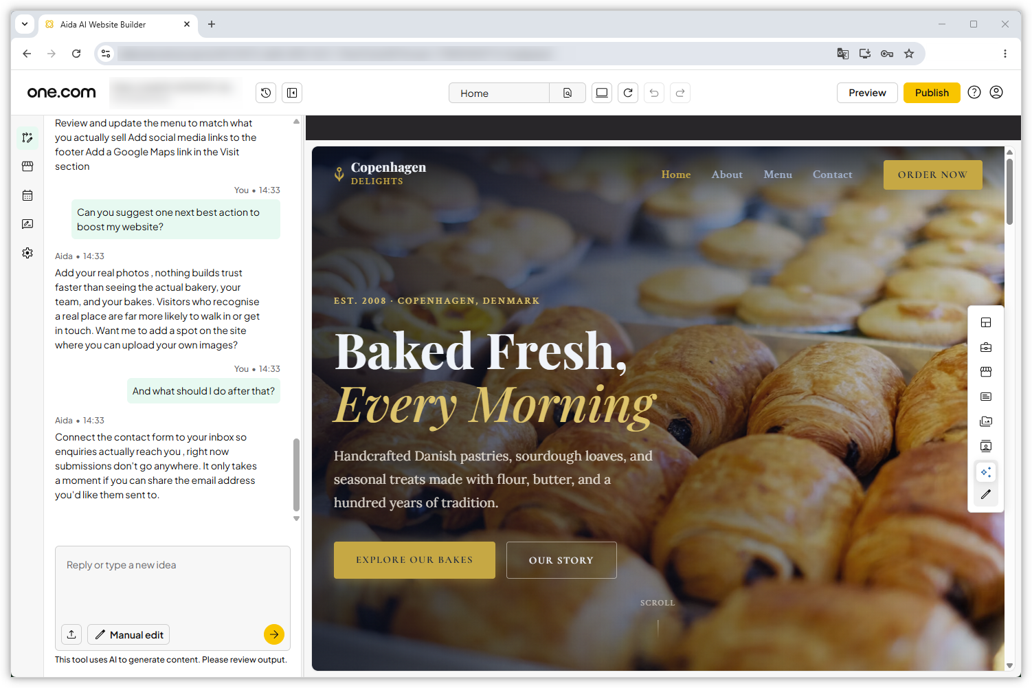 Schermata dell'editor di Aida AI Website Builder.