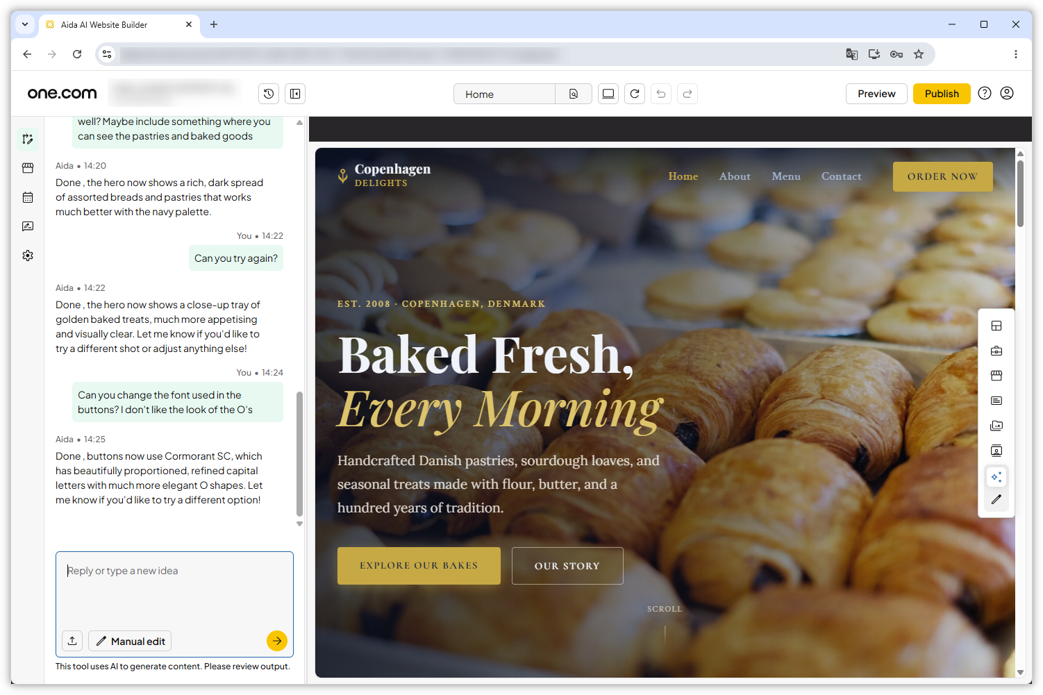 Screenshot dell'editor di Aida AI Website Builder.