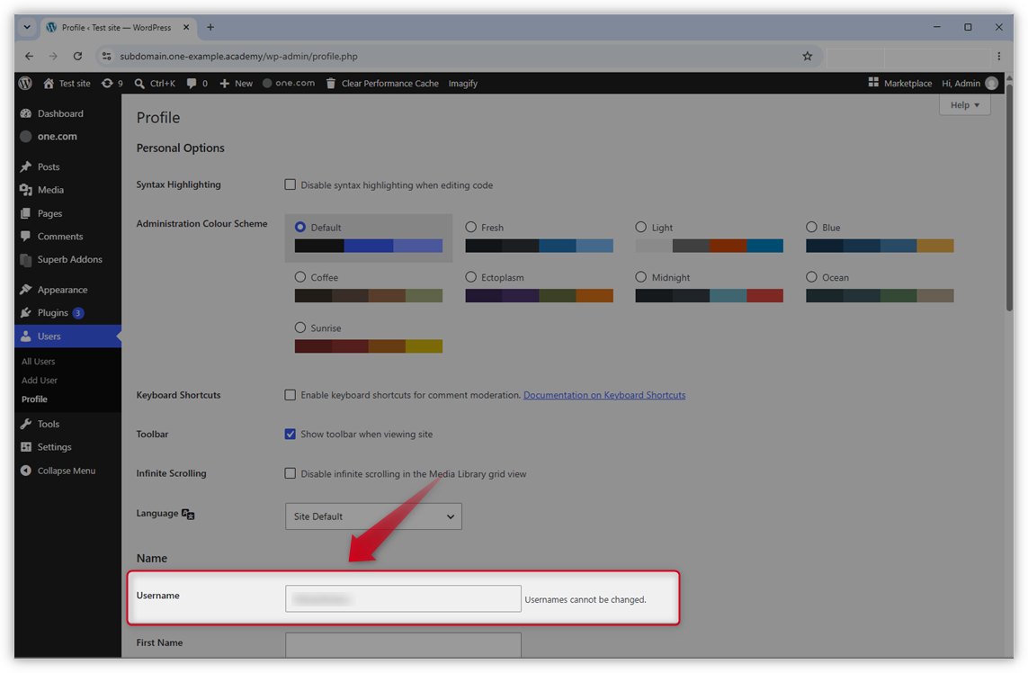 Screenshot der Profilseite in WP Admin. Das Feld für den Benutzernamen ist hervorgehoben.