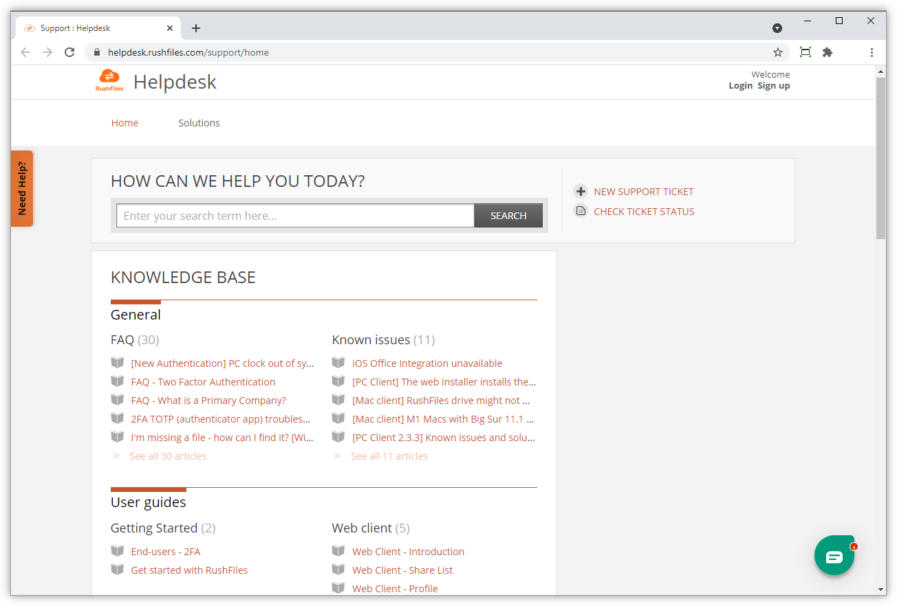 Screenshot dell'Helpdesk di RushFiles.