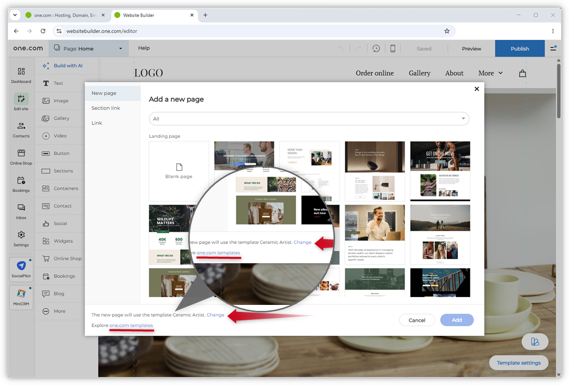 Capture d'écran de l'éditeur Website Builder. La fenêtre « Ajouter une nouvelle page » est ouverte et une flèche rouge pointe vers « Changer » en bas.