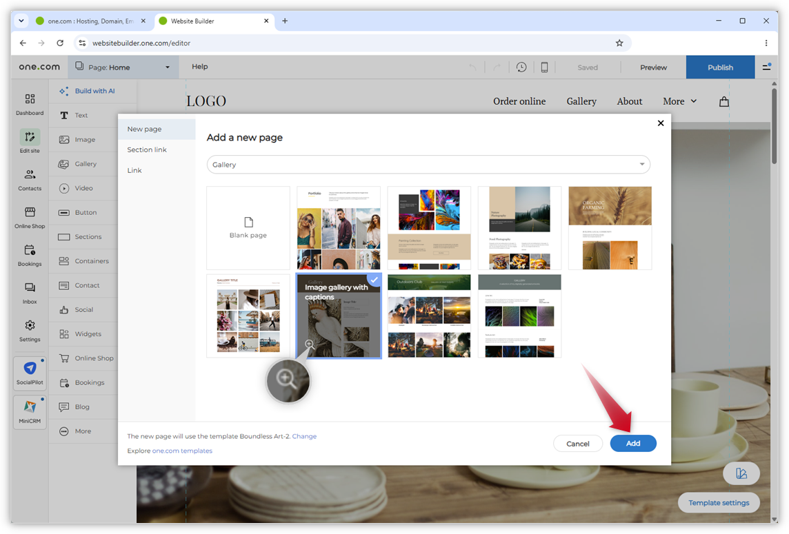 Capture d'écran de la fenêtre « Ajouter une nouvelle page » dans l'éditeur Website Builder. L'icône de loupe et le bouton « Ajouter » sont mis en surbrillance.