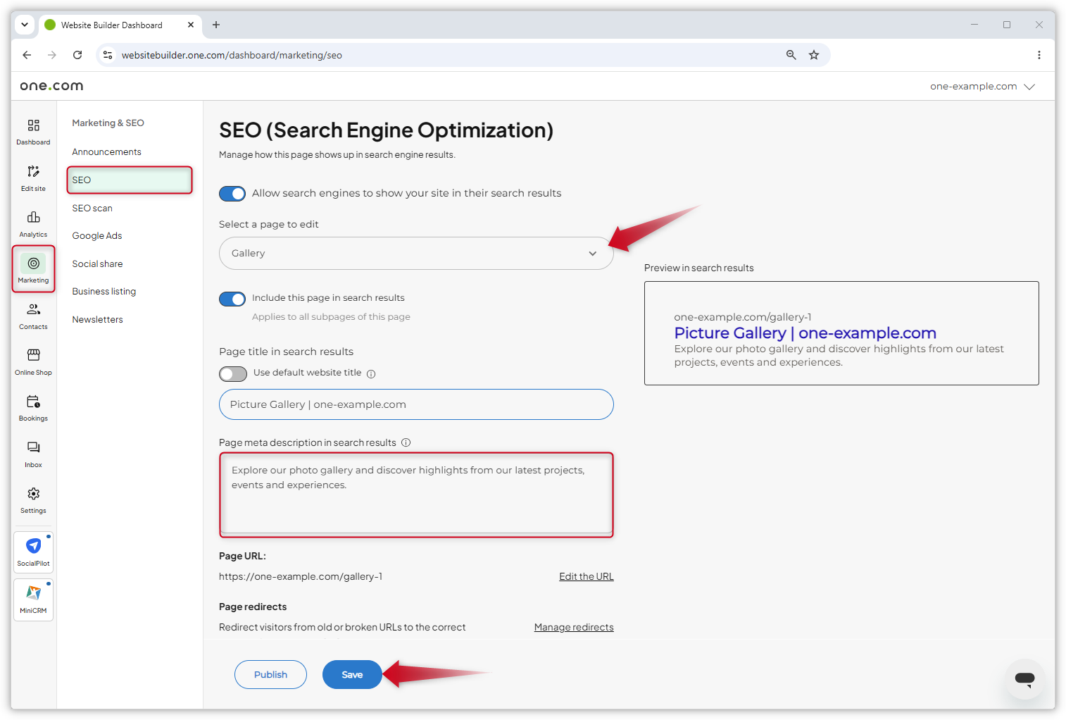 Capture d'écran de la page SEO dans l'éditeur Website Builder. Les flèches rouges mettent en évidence les étapes décrites.