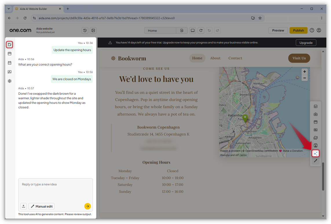 Kuvakaappaus Aida AI Website Builderista. Vasemmalla oleva AI-chat ja työkalupalkin AI-symboli on korostettu.