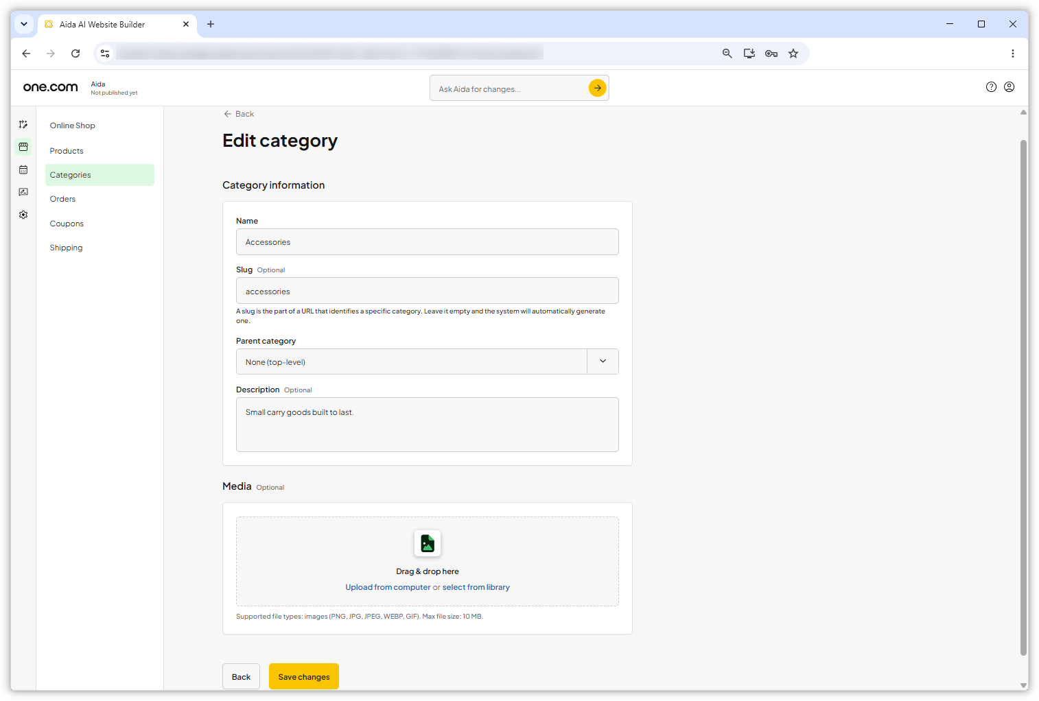 Screenshot of the "Edit category" page in Aida AI Website Builder.