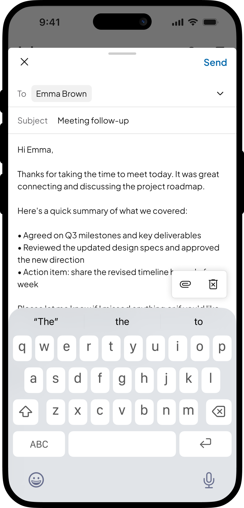 La capture d'écran de l'application one.com Mail montre un nouvel e-mail avec le clavier ouvert.