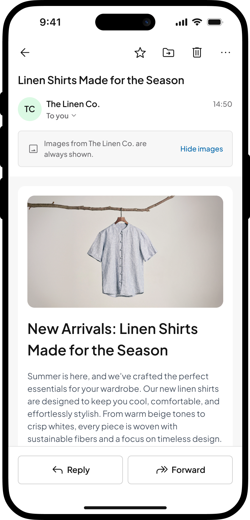 Capture d'écran d'un e-mail ouvert dans l'application one.com Mail.