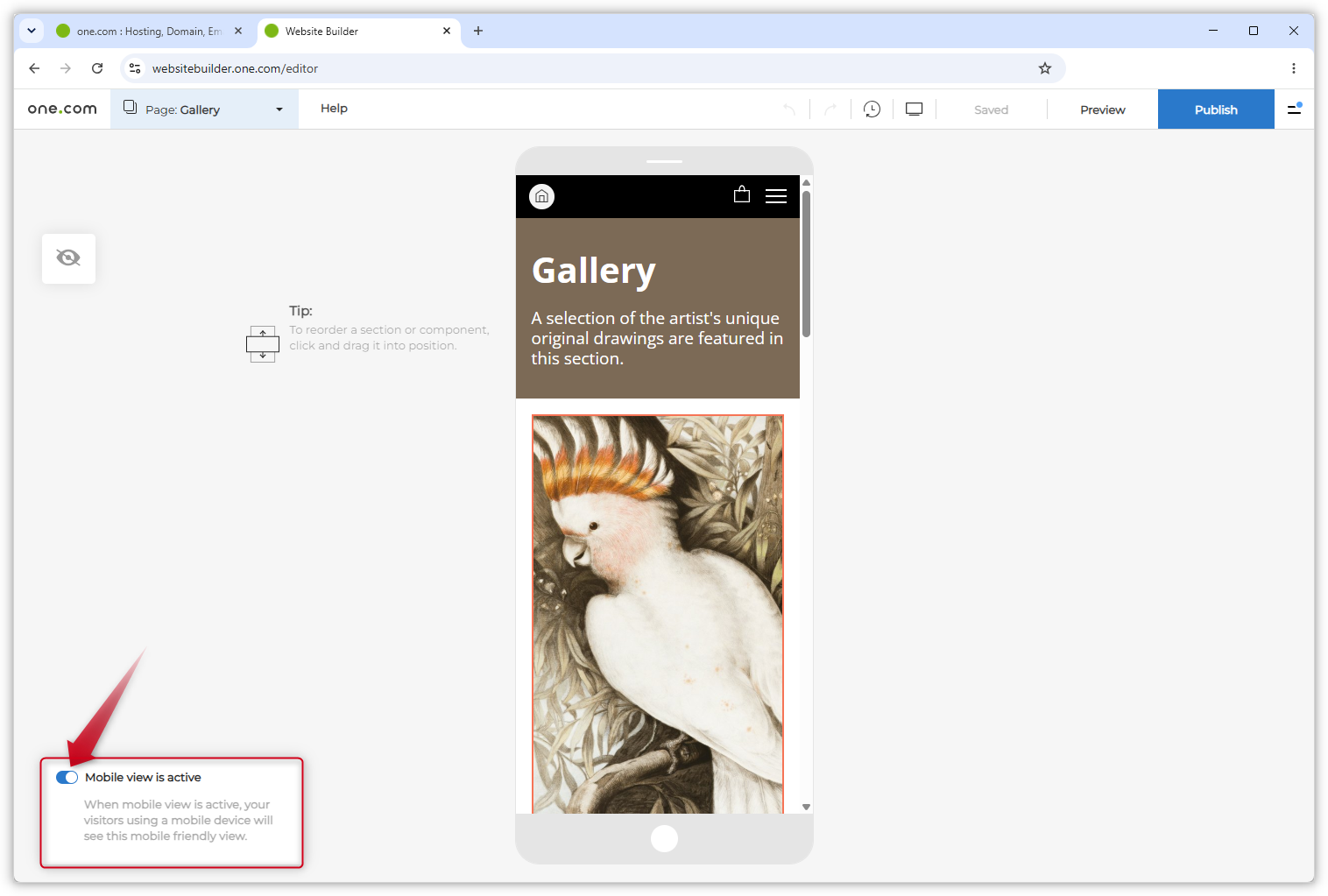 Screenshot dell'editor della visualizzazione mobile in Website Builder. Una freccia rossa indica l'interruttore per attivare o disattivare la visualizzazione mobile.