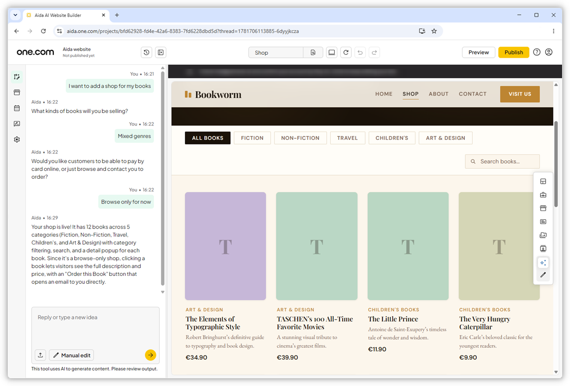 Captura de ecrã do Aida AI Website Builder com um chat para configurar uma loja online de livros.
