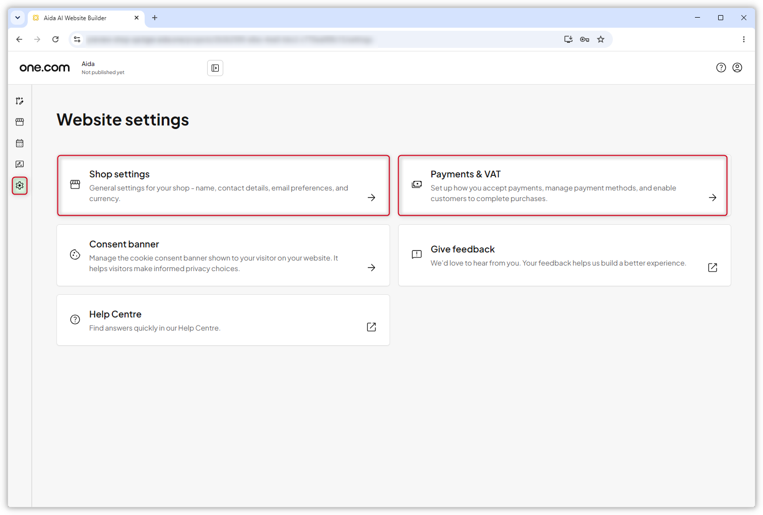 Captura de ecrã da página "Definições do site" no Aida AI Website Builder. 