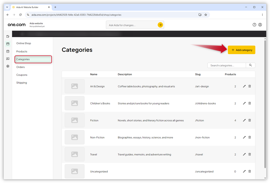 Captura de ecrã da página "Categorias" no Aida AI Website Builder. Uma seta vermelha aponta para o botão "+ Adicionar categoria".
