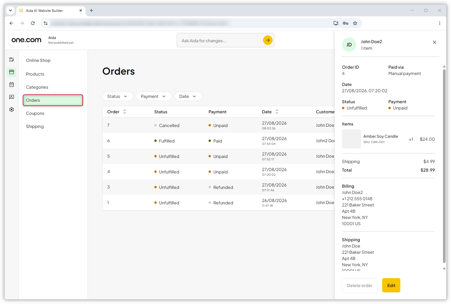 Captura de ecrã da página "Pedidos" no Aida AI Website Builder. Os detalhes do pedido estão abertos à direita.