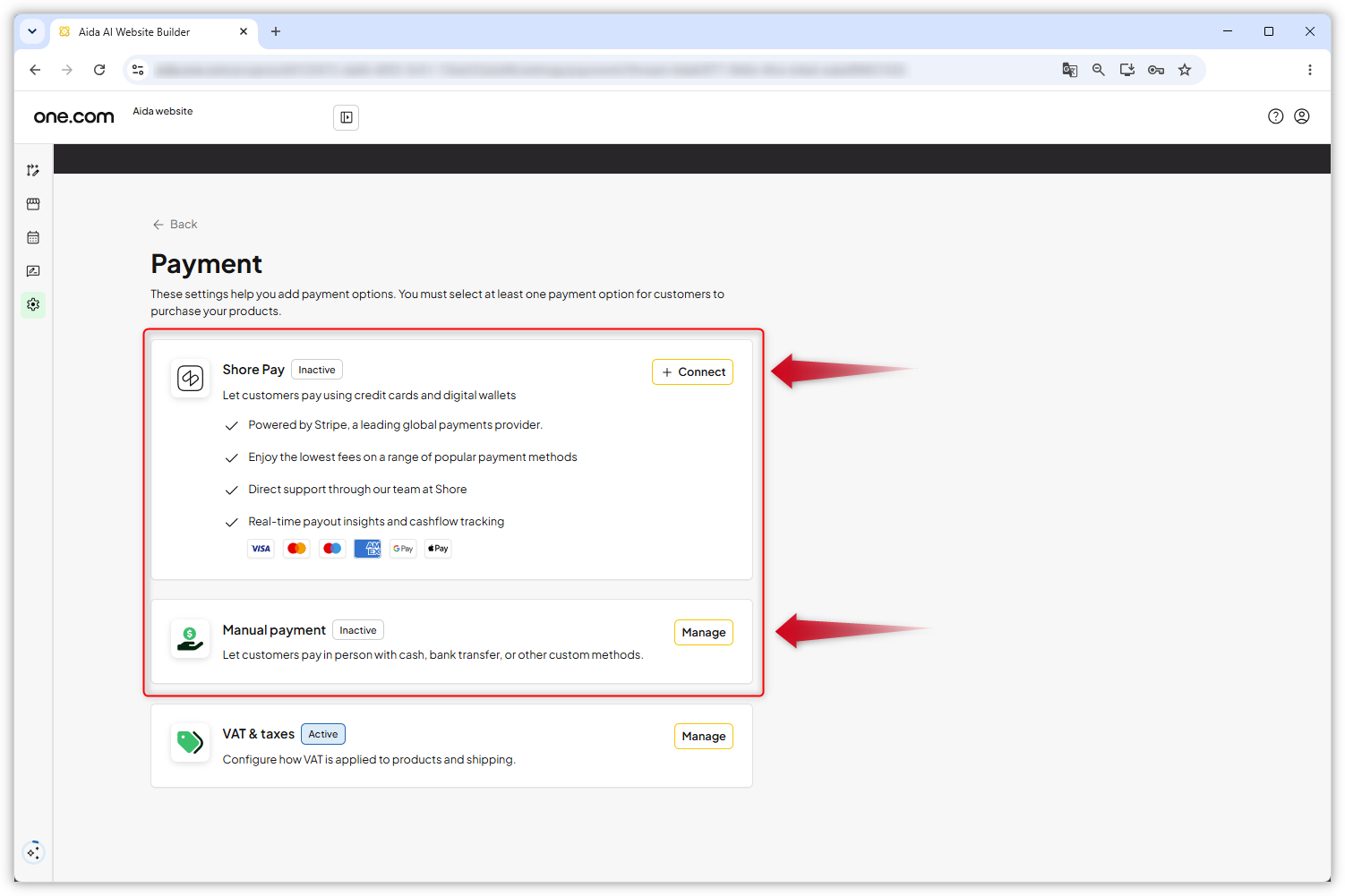 Screenshot showing the settings on the 'Payments & VAT' page. The 'Shore Pay' and 'Manual payment' options are framed and red arrows point to them.