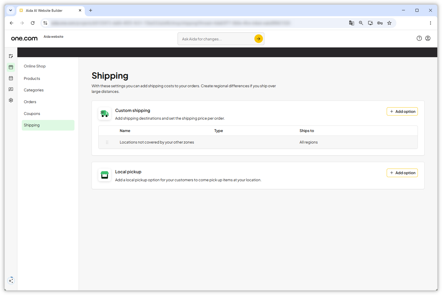 Screenshot showing the 'Shipping' settings page in the Aida Online Shop.