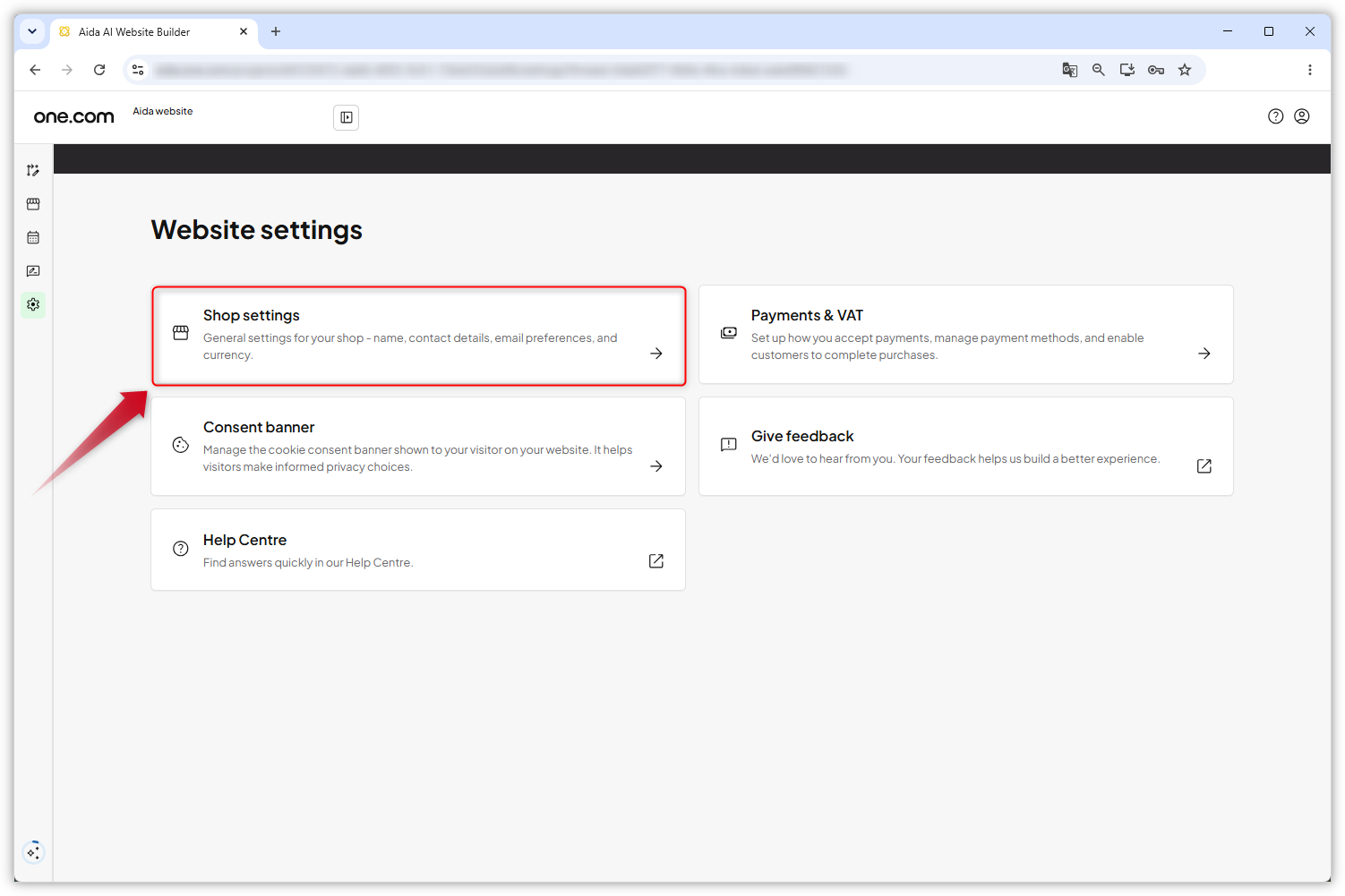 Screenshot showing the Aida AI Website Builder 'Settings' page. A red arrow points to 'Shop settings' and a red frame marks it as well.