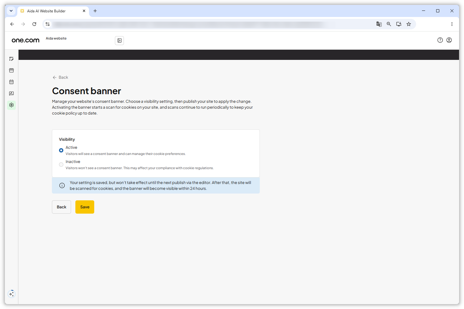 Screenshot showing the Consent banner settings page.