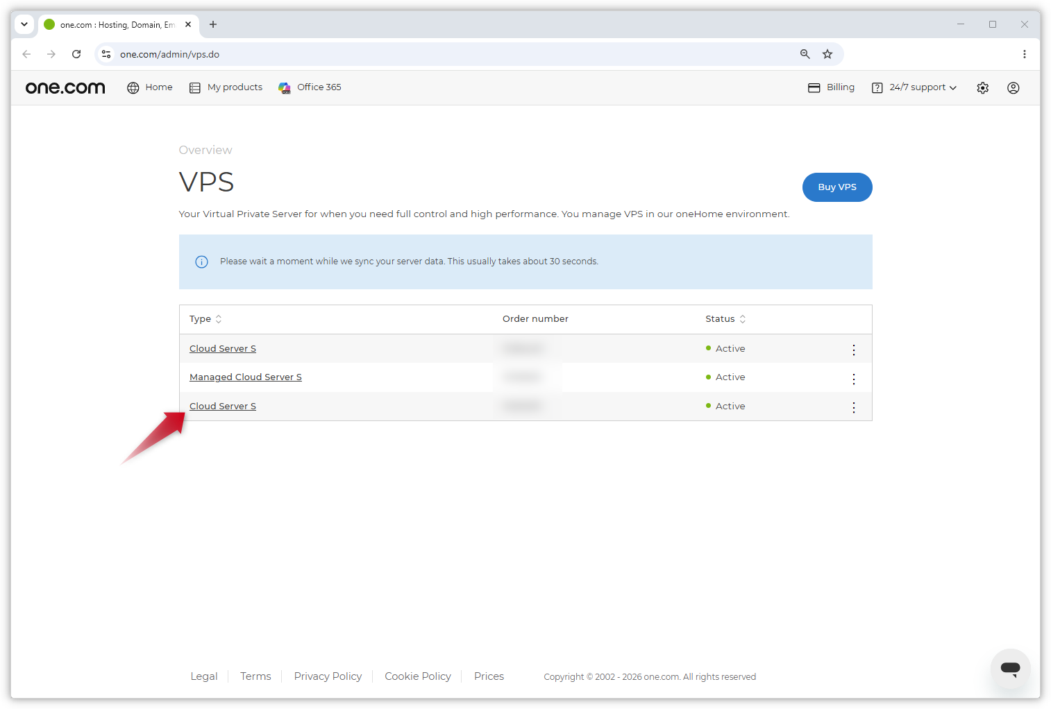 Screenshot of the VPS page in the one.com Control Panel. A red arrow points to one of the VPS in the list.