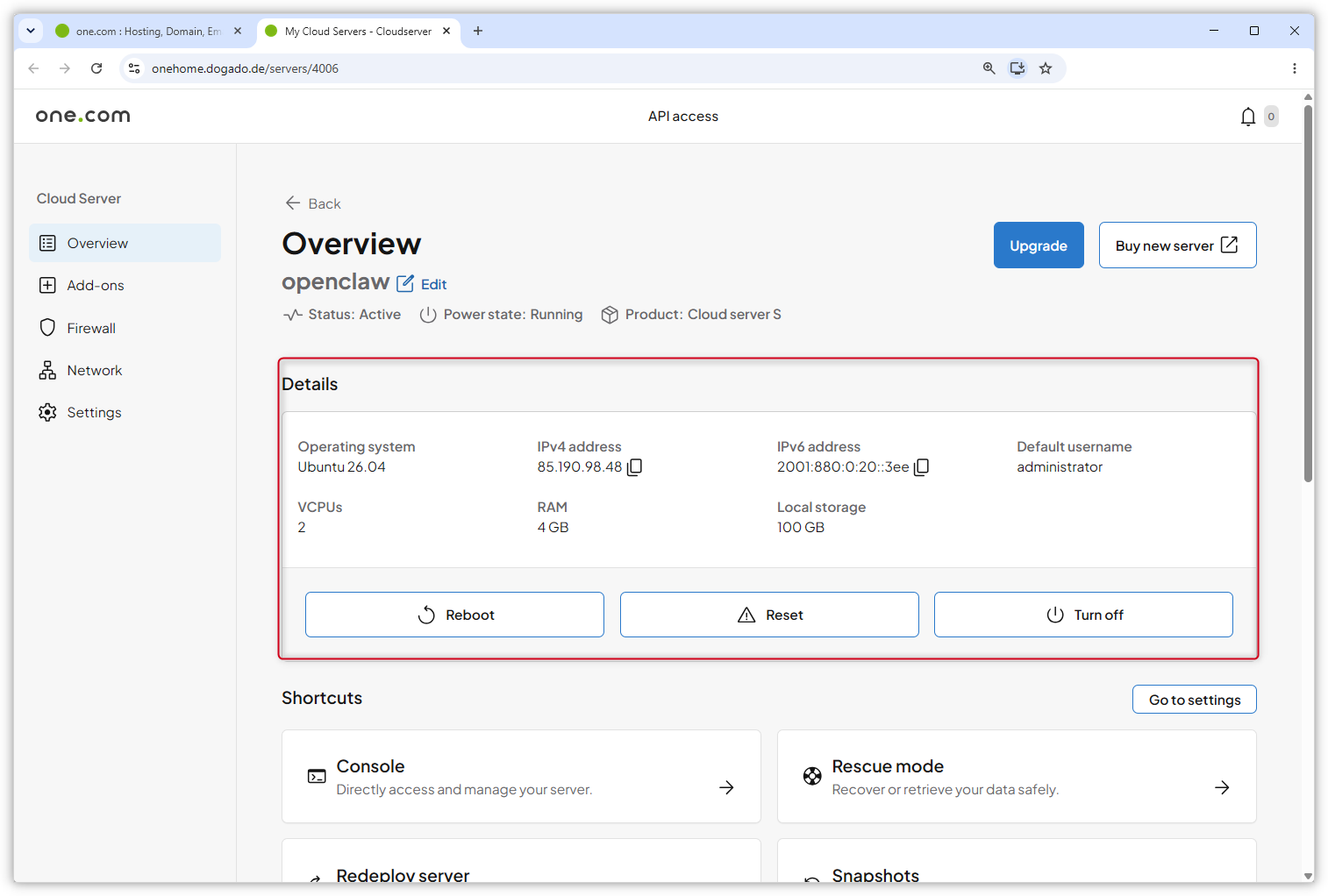 Screenshot of the Overview page in the VPS dashboard.