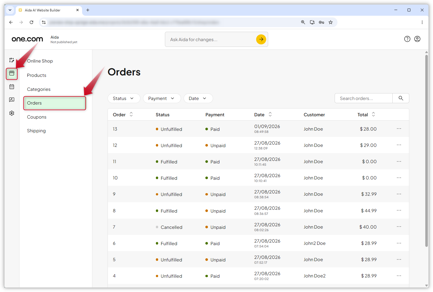 Captura de tela da página de visão geral de Pedidos no Aida AI Website Builder.