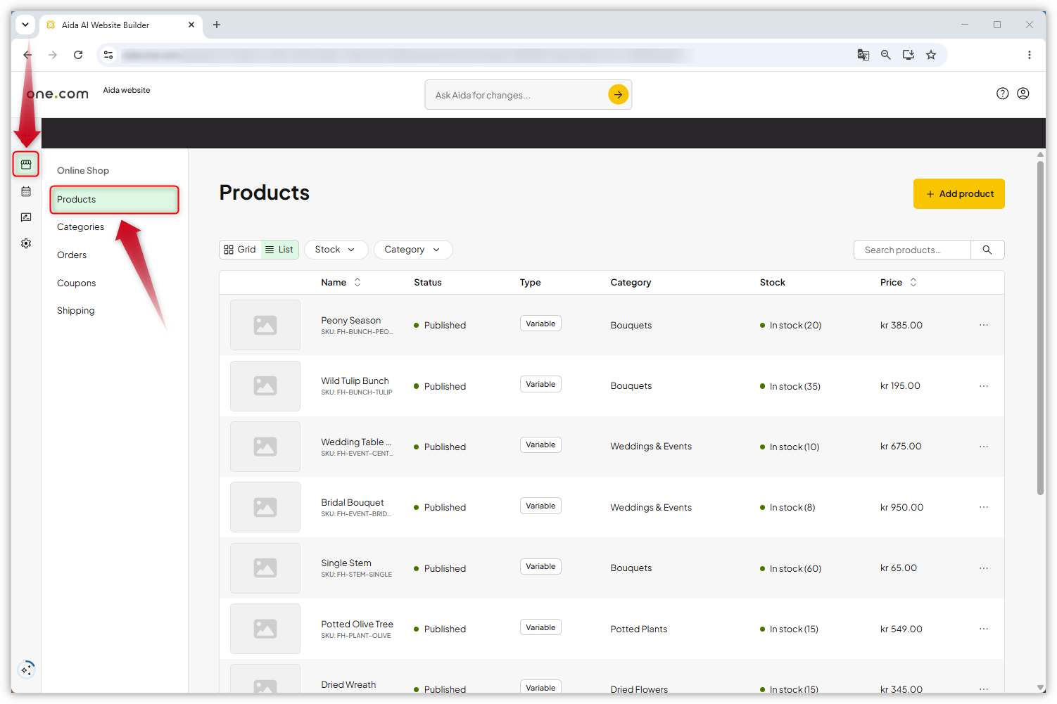 Captura de ecrã da página de produtos na Loja Virtual do Aida AI Website Builder. Uma seta vermelha aponta para o ícone da Loja Virtual no painel de navegação à esquerda, e outra aponta para o separador 'Produtos' no menu da Loja Virtual.