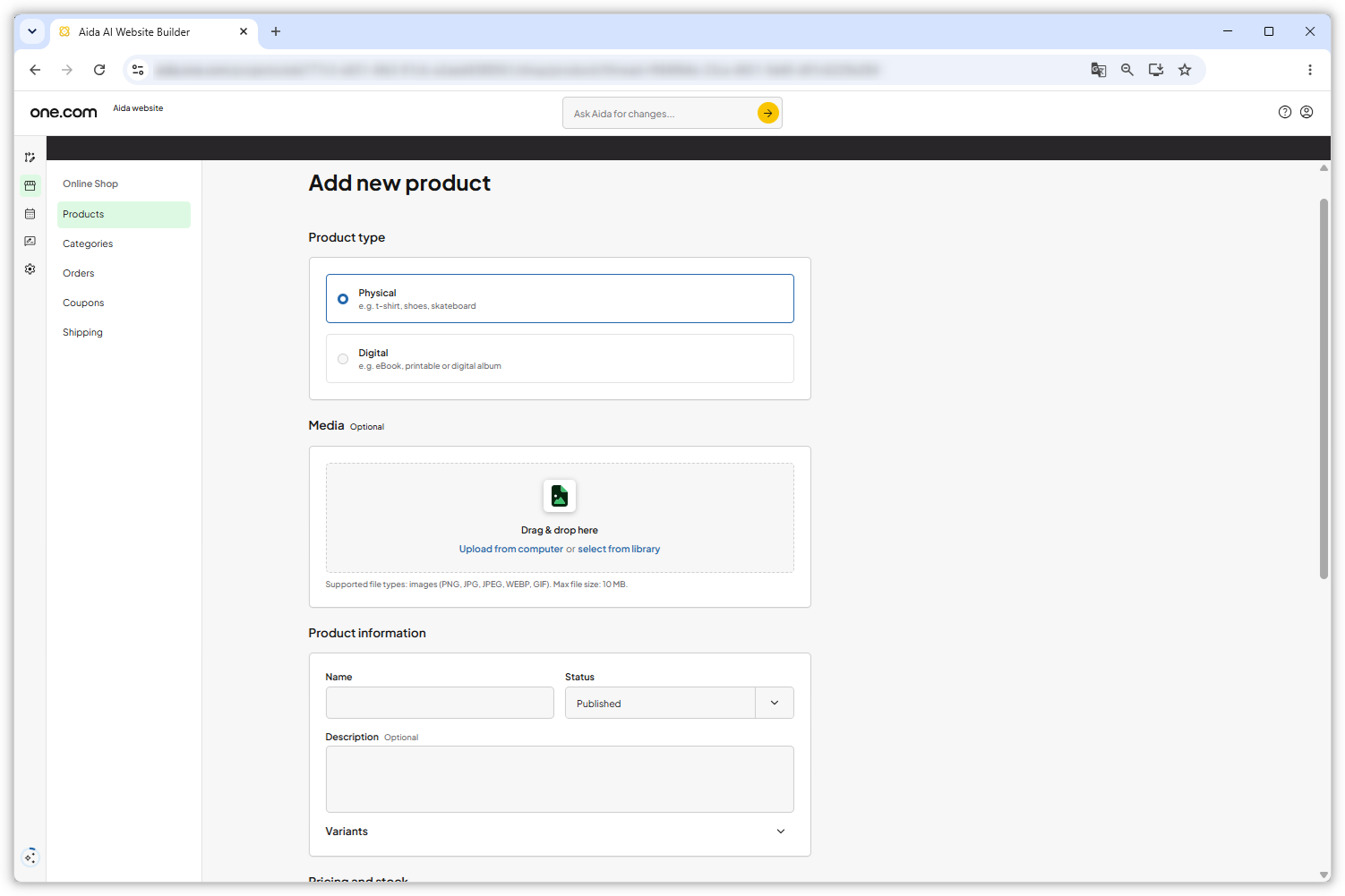 Captura de ecrã da página de produto da Loja Virtual Aida. O formulário para criar um novo produto está aberto.