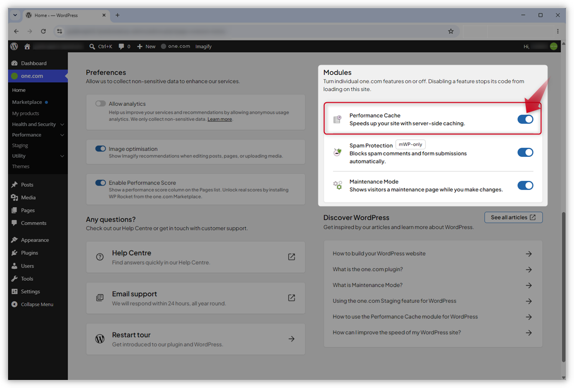 Screenshot of the one.com Home page in WP Admin. The Modules section is highlighted and a red arrow points towards the toggle next to Performance Cache.