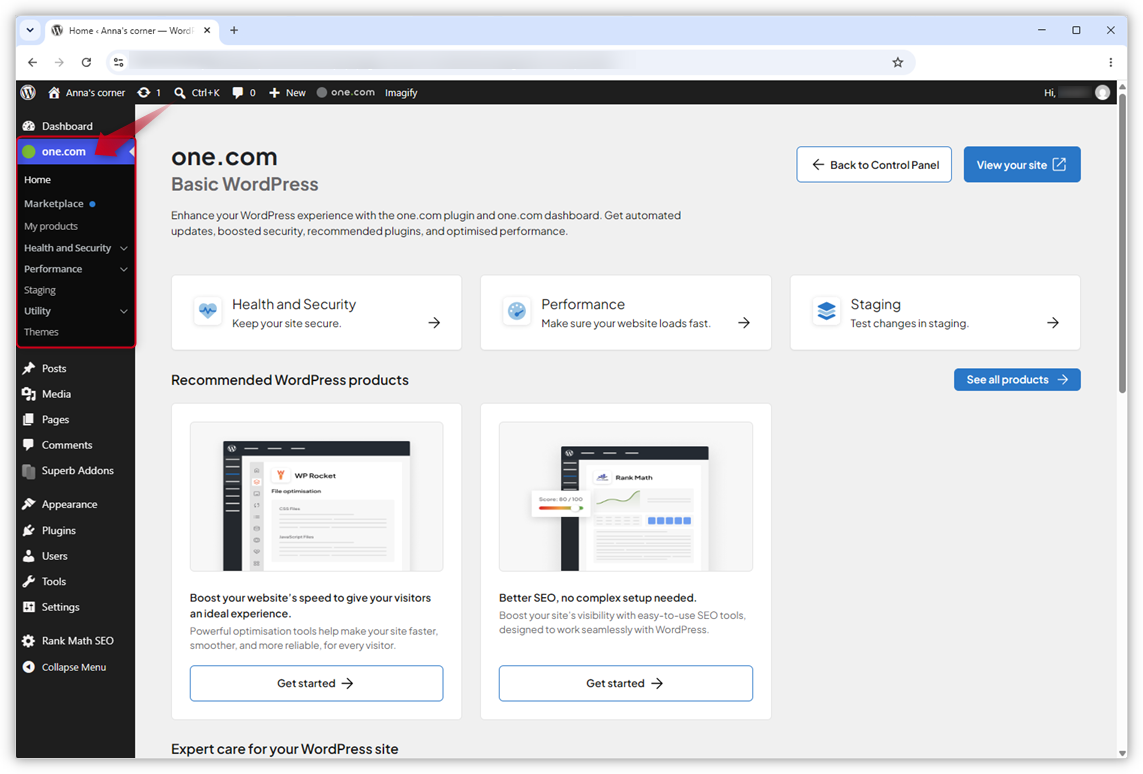 Screenshot of the one.com plugin in WP Admin.