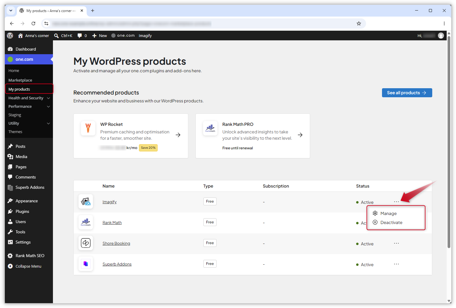 Screenshot of the "My products" page in WP Admin. A red arrow points towards the three dots next to a product.