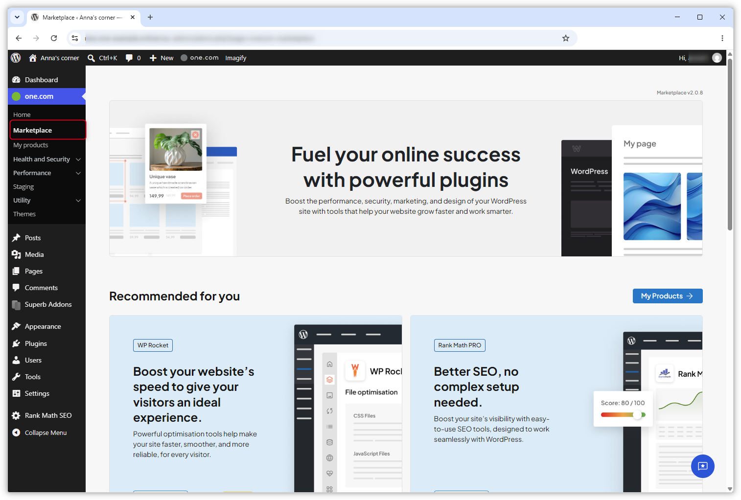 Captura de pantalla de la página "Marketplace" en el escritorio de WP.