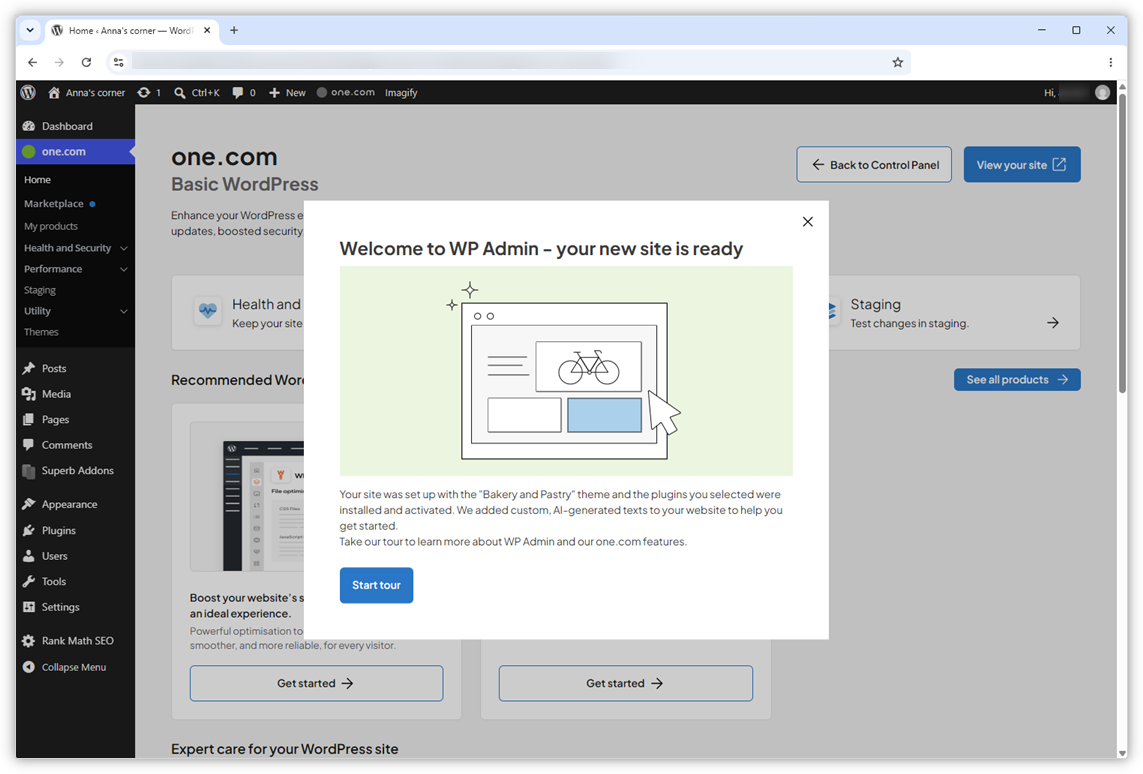 Skjermbilde av WP Admin viser et velkomstvindu med en knapp "Start omvisning".