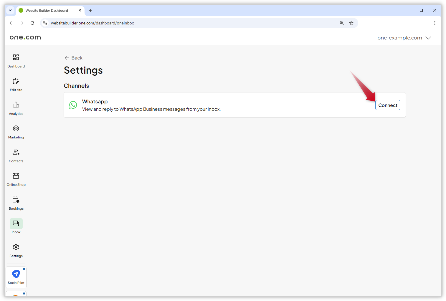 Screenshot della pagina delle impostazioni di OneInbox. Una freccia rossa punta verso il pulsante "Connetti".