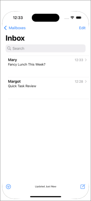 Screenshot of the iPhone Mail app showing the Inbox with example emails listed.