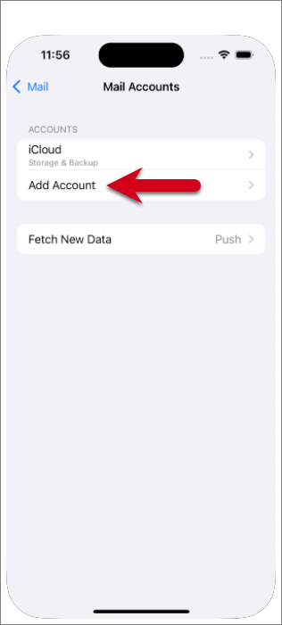 Screenshot of the Mail Accounts screen with a red arrow pointing to Add Account.