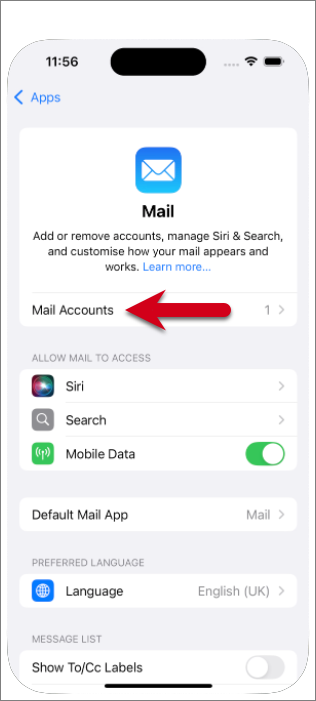 Screenshot of the Mail settings page with a red arrow pointing to Mail Accounts.