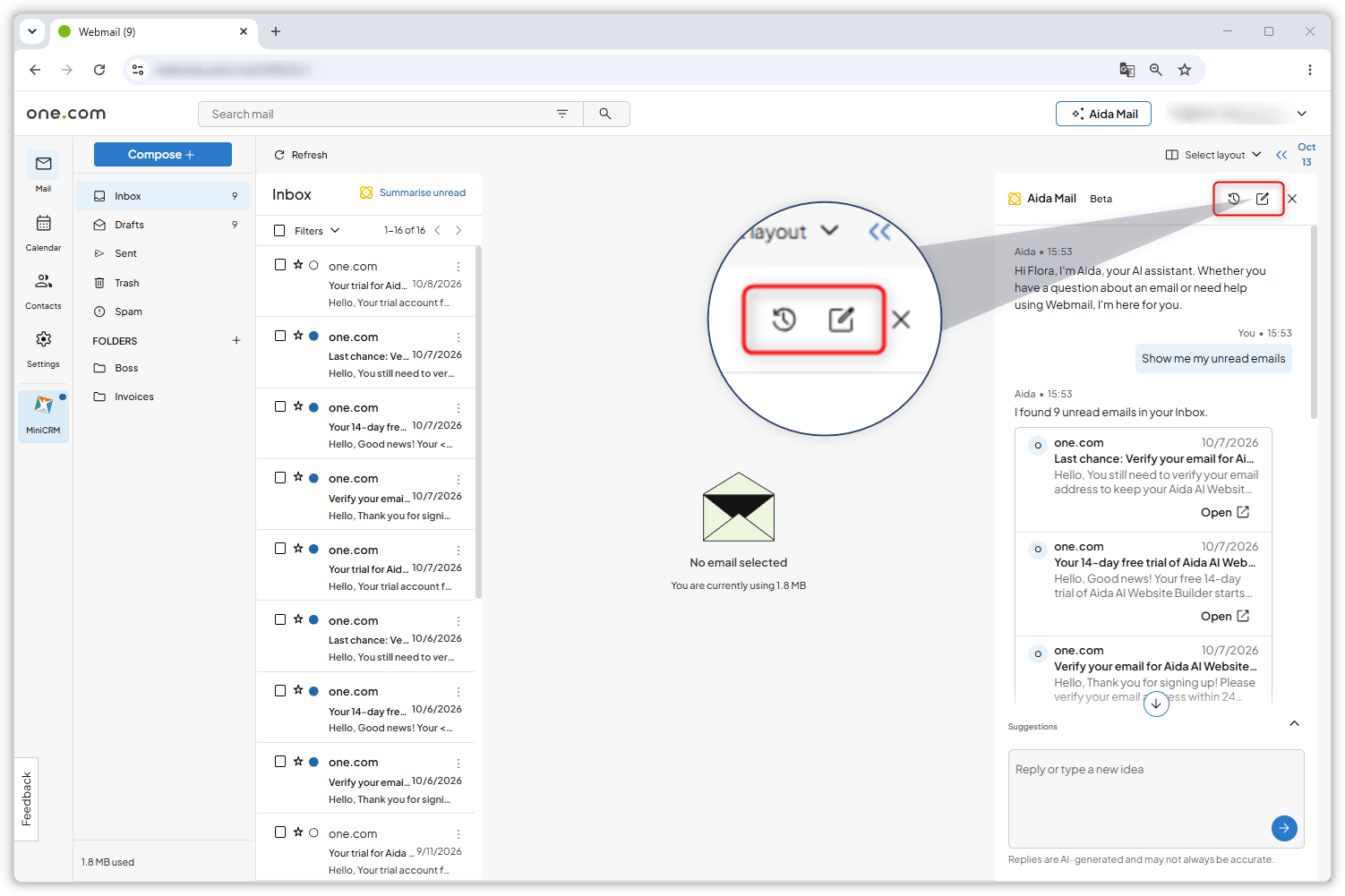 Screenshot of the Webmail interface. A magnifying glass zooms in on the 'new chat' and the 'history' icons mentioned in the text.
