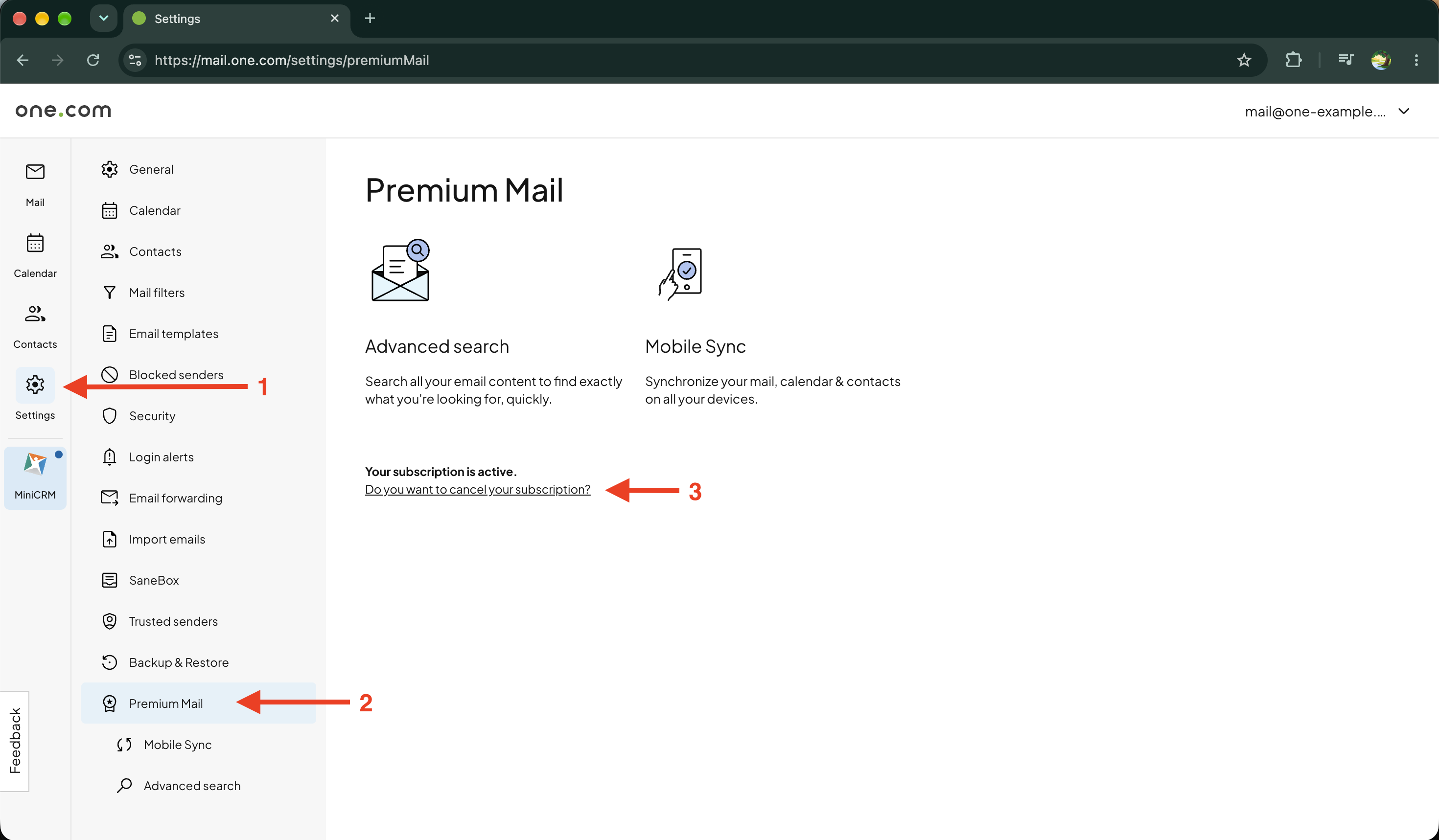 Cancellazione di Premium Mail in Webmail one.com