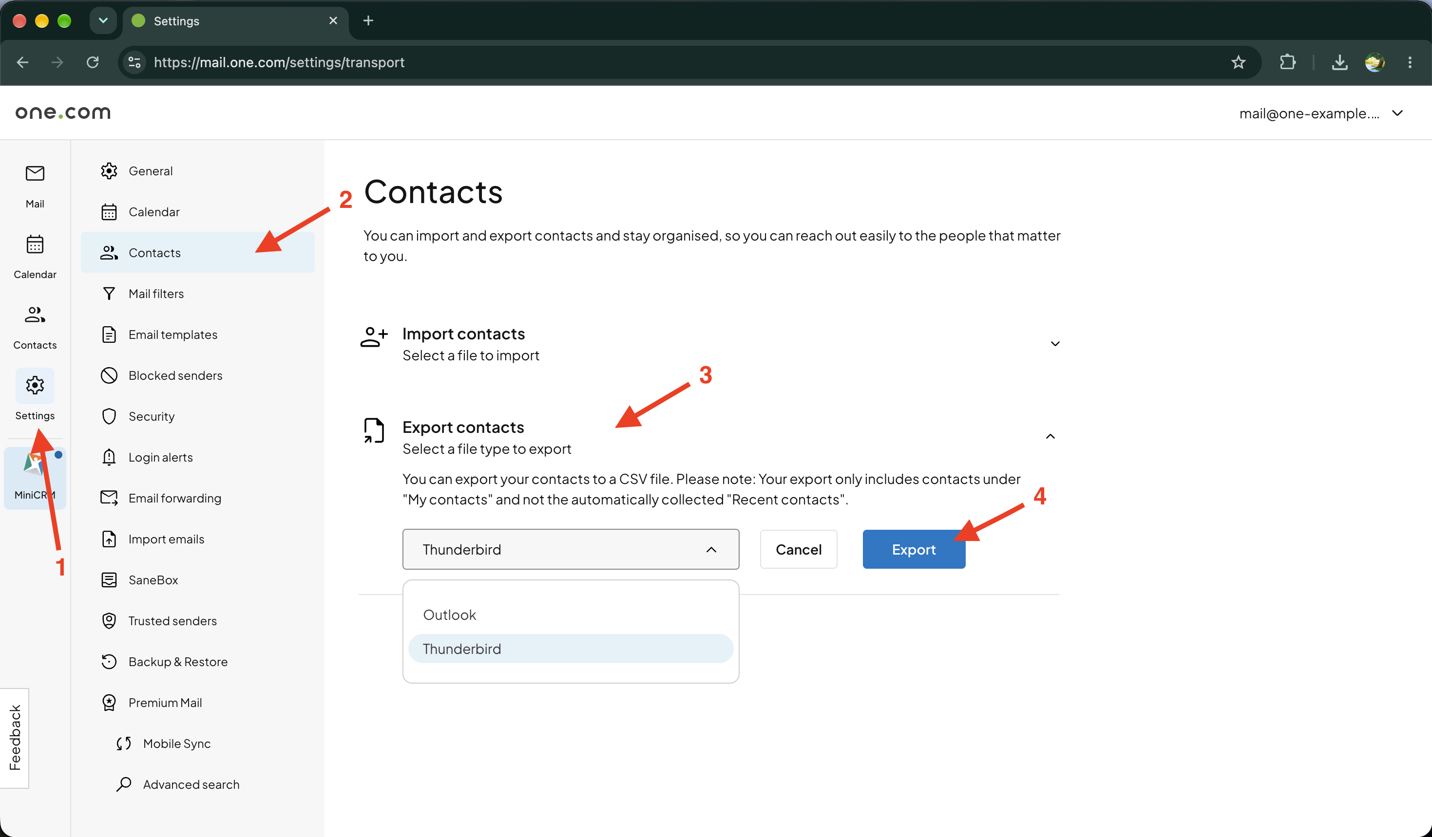 Eksporter kontakter fra webmail