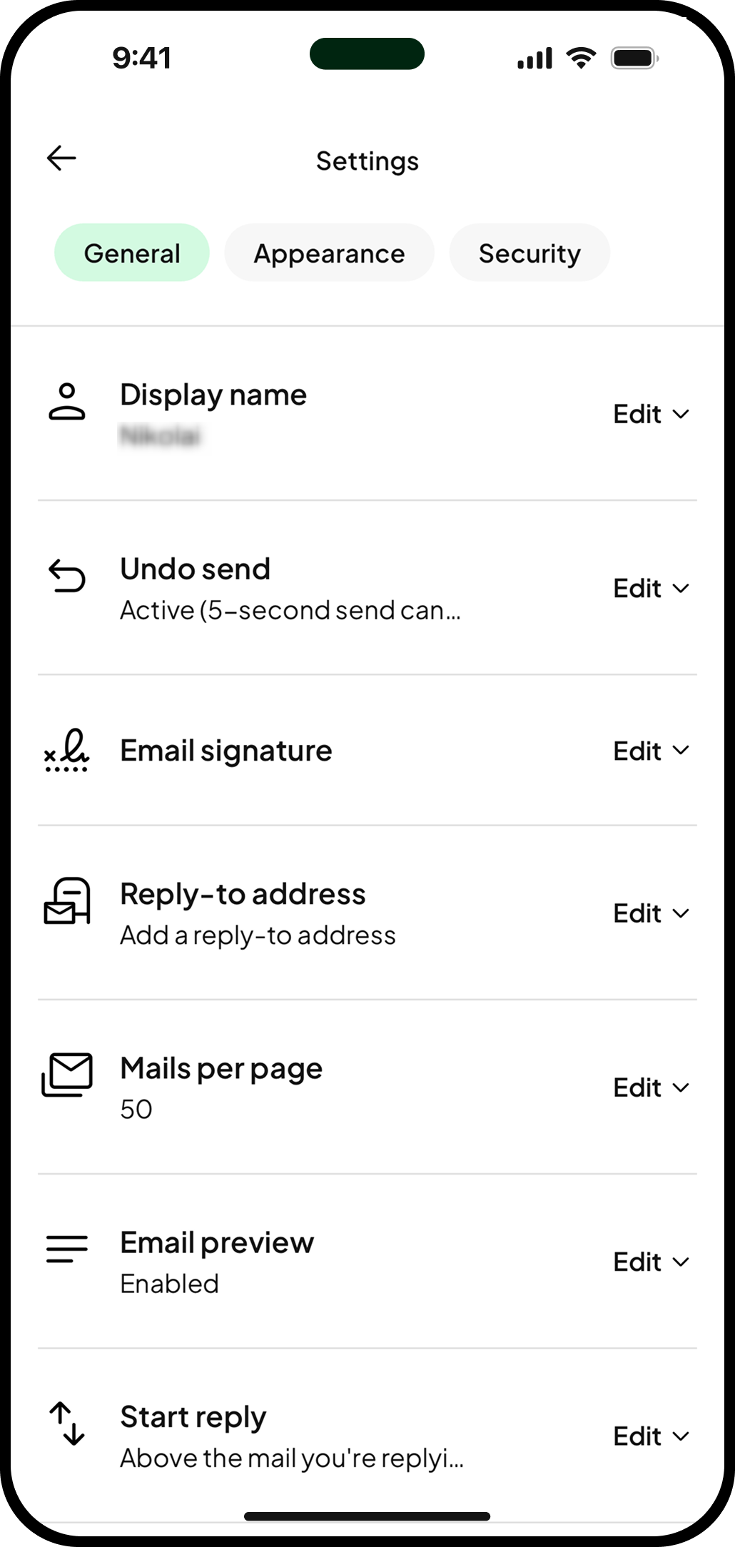 Screenshots della pagina Impostazioni nell'app Mail di one.com.