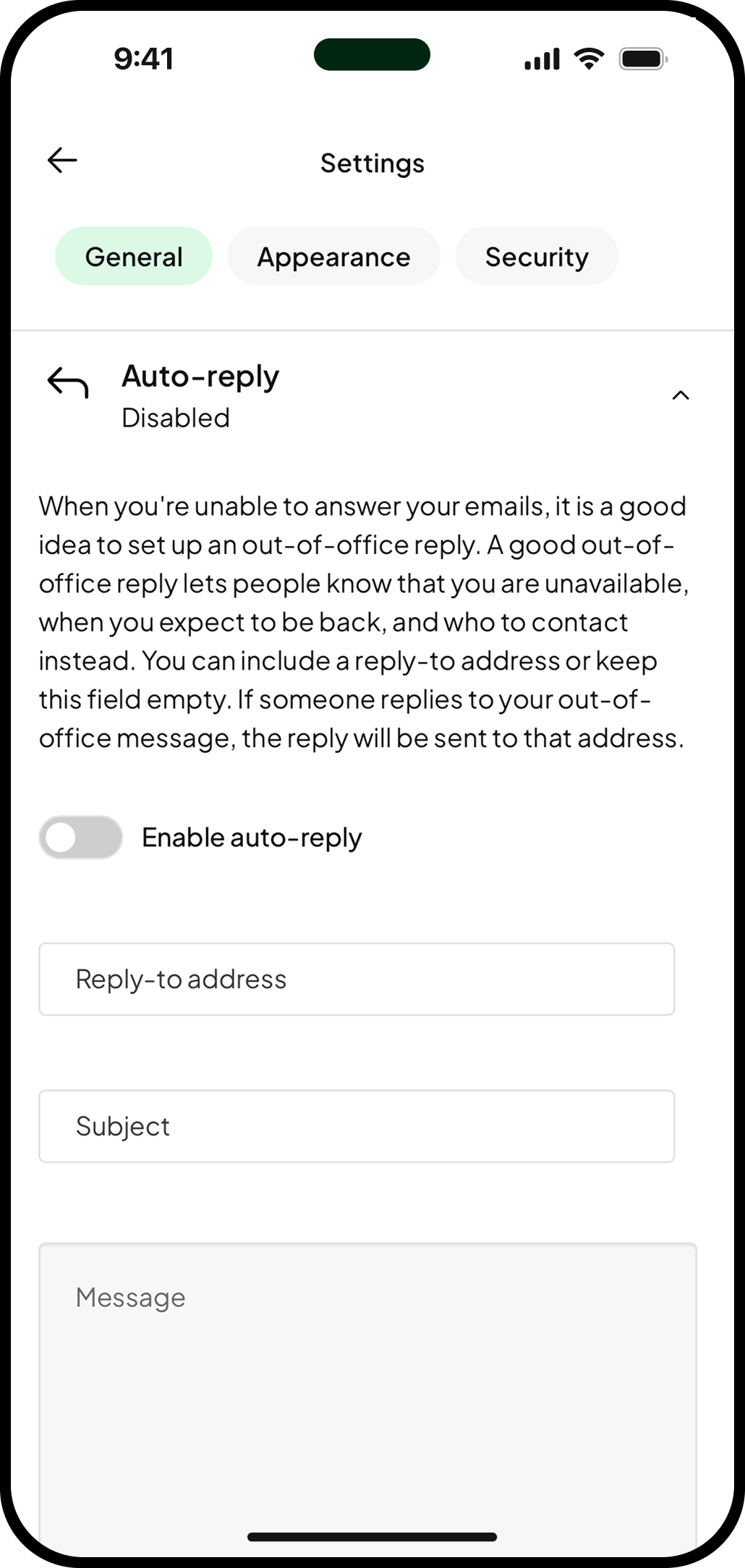 Schermafbeelding met de instellingen voor het automatische antwoord in de one.com Mail-app.