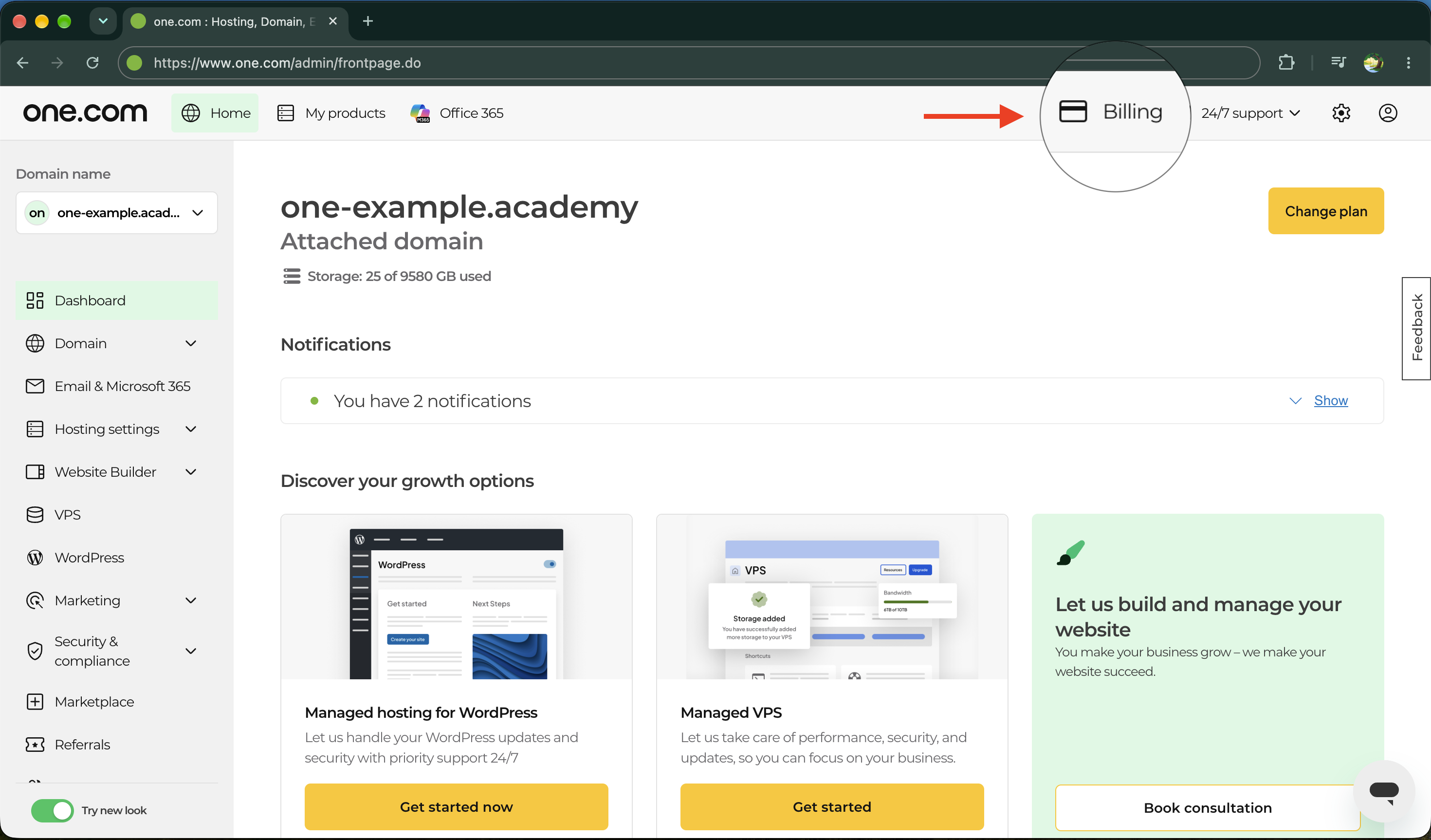 one.com Ohjauspaneelin etusivu