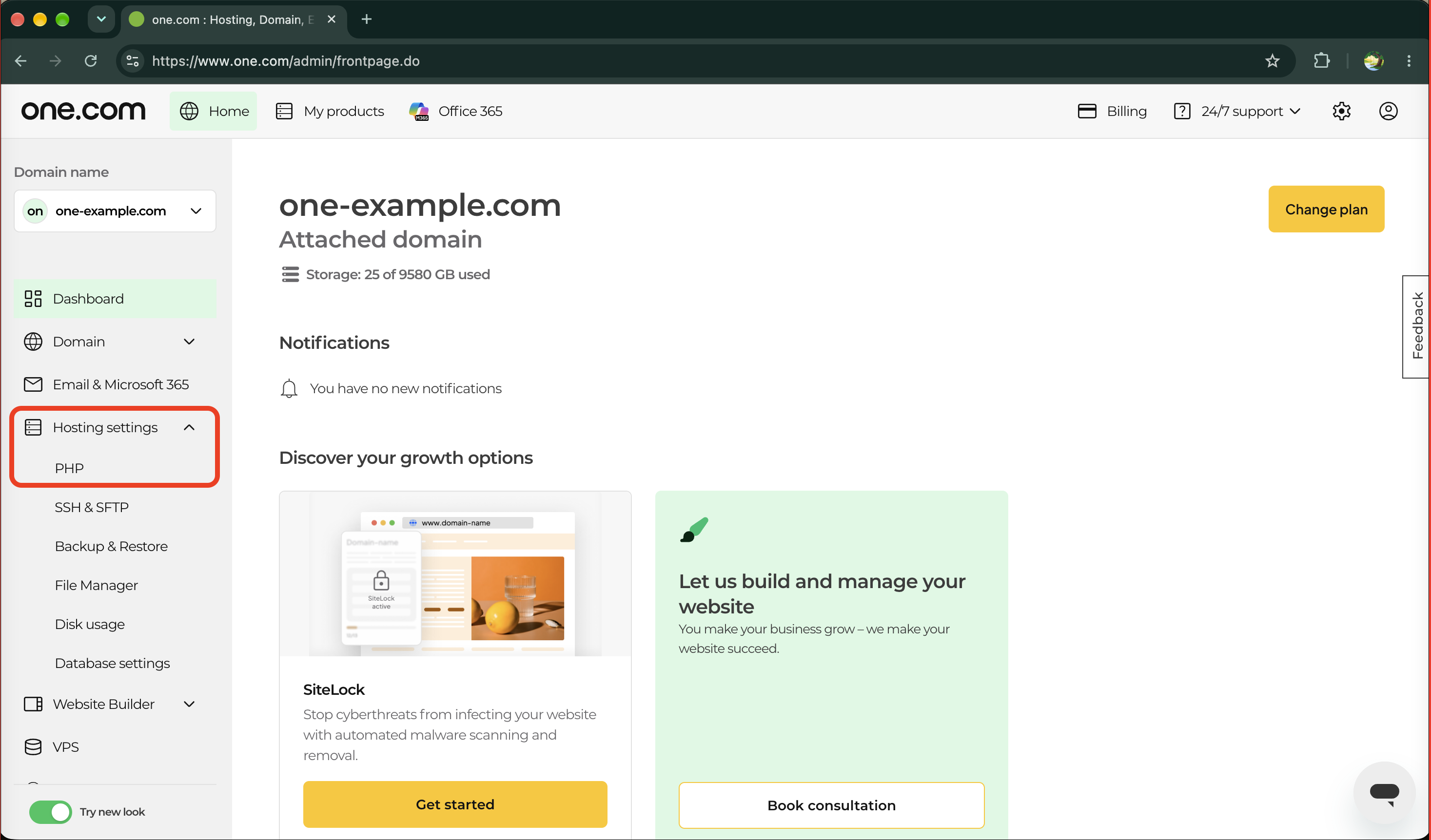 Control Panel hompage hosting settings PHP
