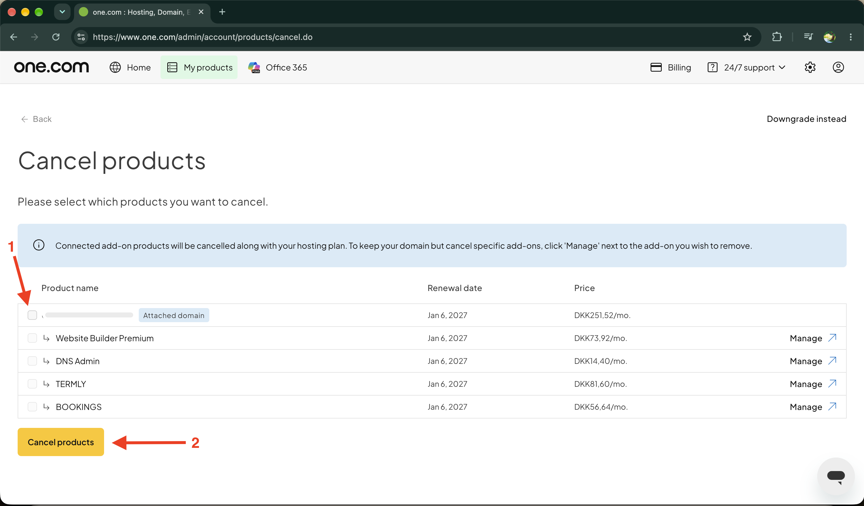 Wählen Sie aus, welche Produkte Sie kündigen möchten