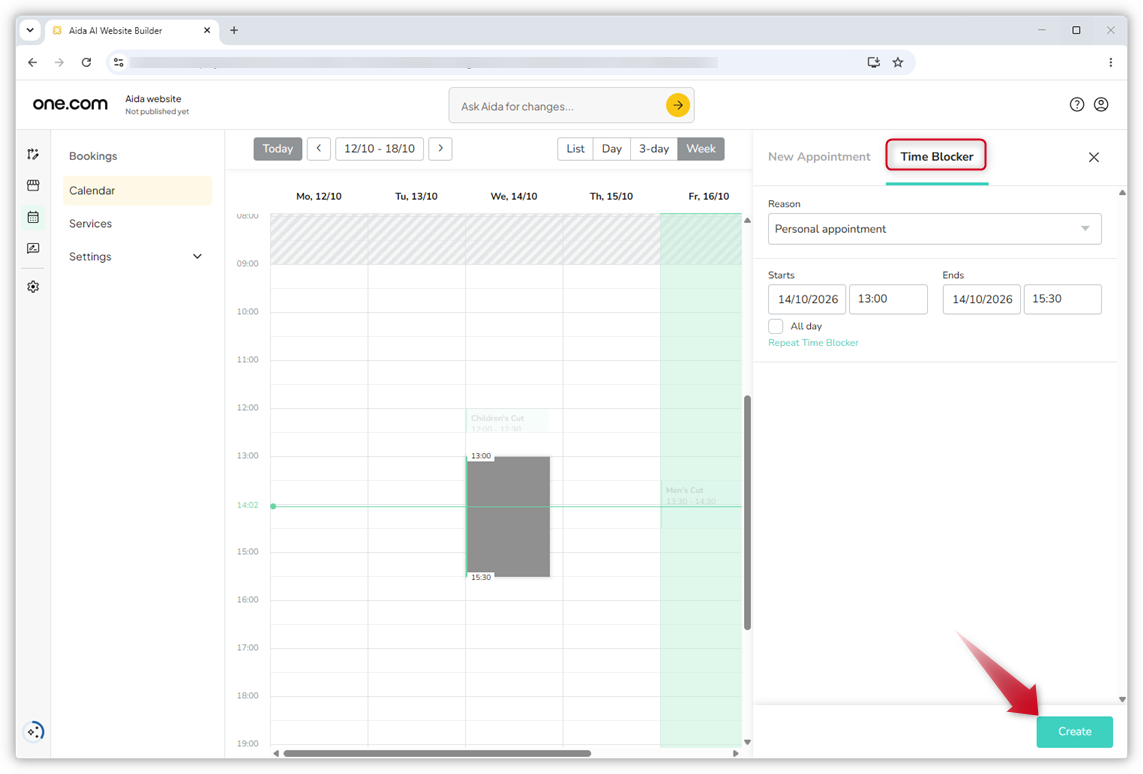 Screenshot of the booking calendar. The Time Blocker tab is open and a red arrow points towards the "Create" button.