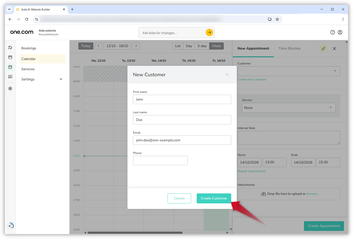 Screenshot showing the New Customer pop-up window. A red arrow points towards the "Create Customer" button.
