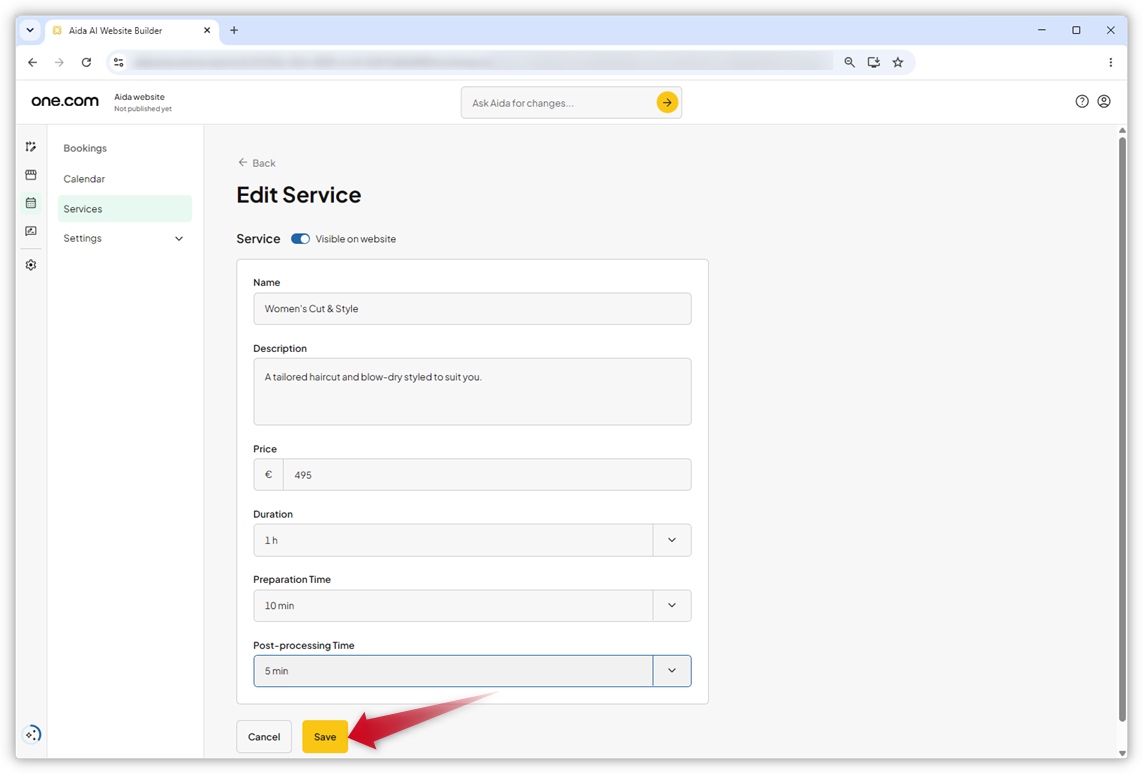 Screenshot of the Edit Service page. A red arrow points towards the "Save" button.