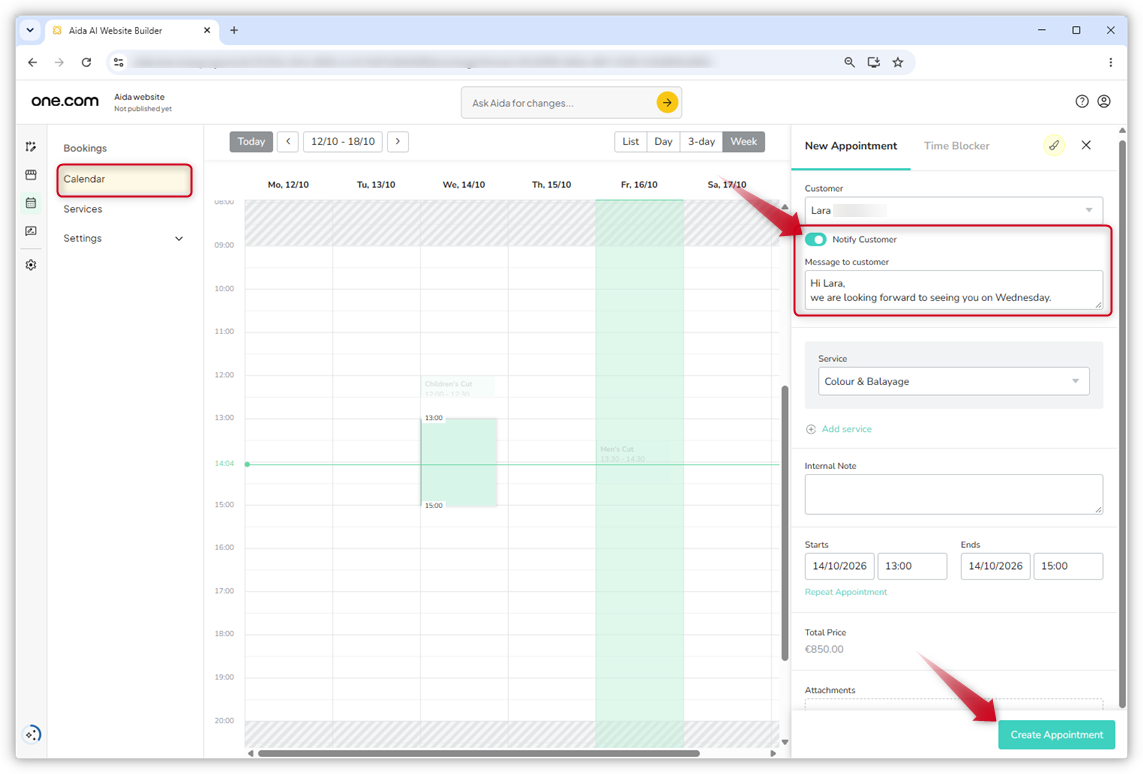 Screenshot of the booking calendar. Red arrows point towards the "Notify Customer" toggle and the "Create Appointment" button.