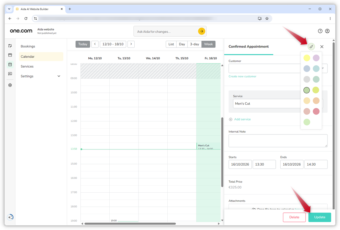 Screenshot of the booking calendar showing the details of a confirmed appointment. Red arrows highlight the colour selector and the "Save" button.