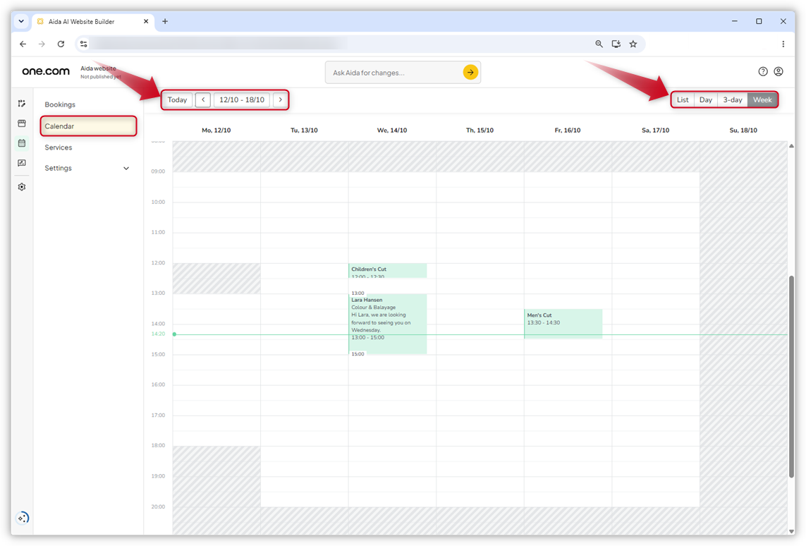Screenshot of the booking calendar in Aida AI Website Builder. The red arrows point to the display options and the navigation bar.