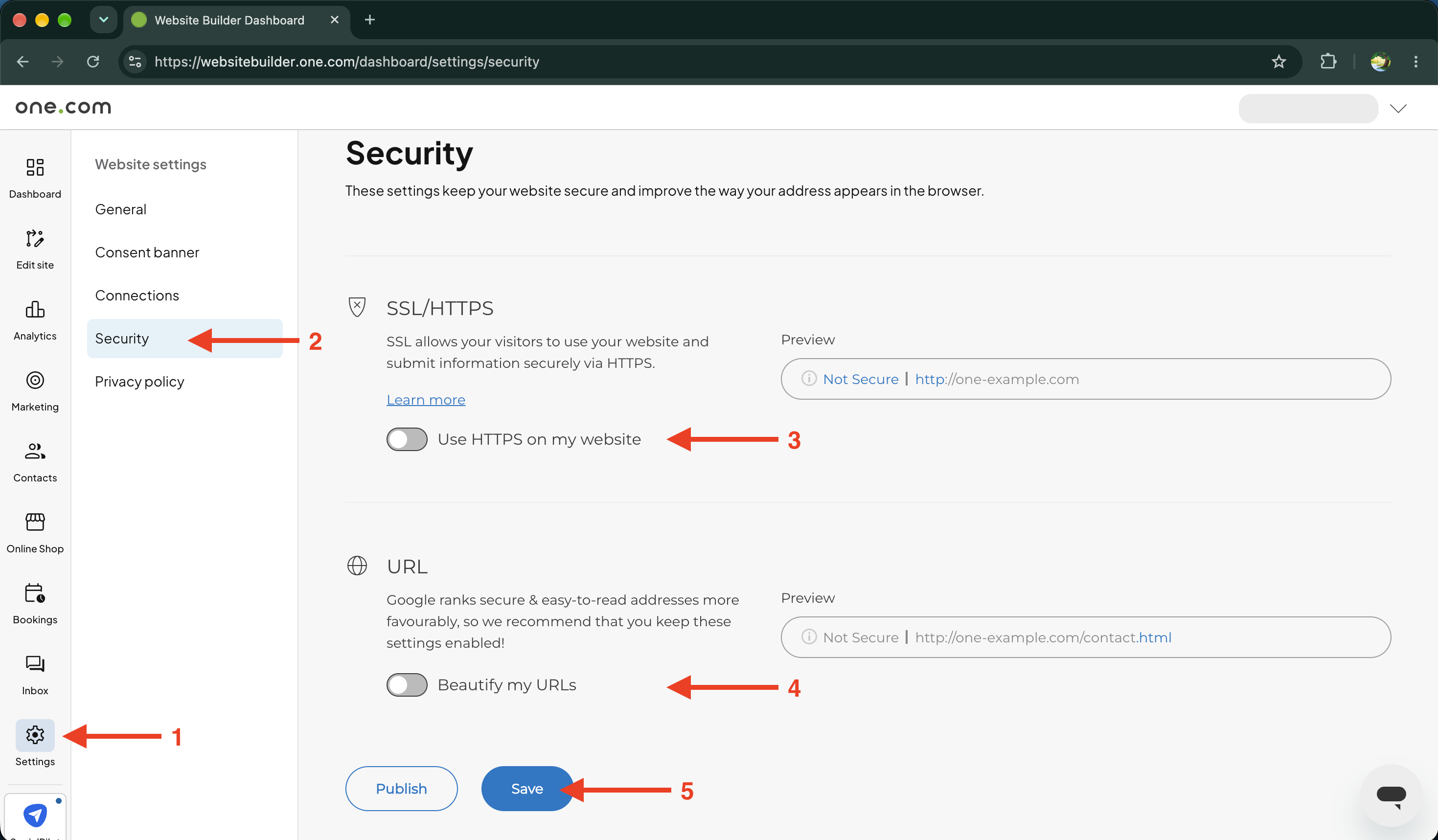 Impostazioni di sicurezza del sito web