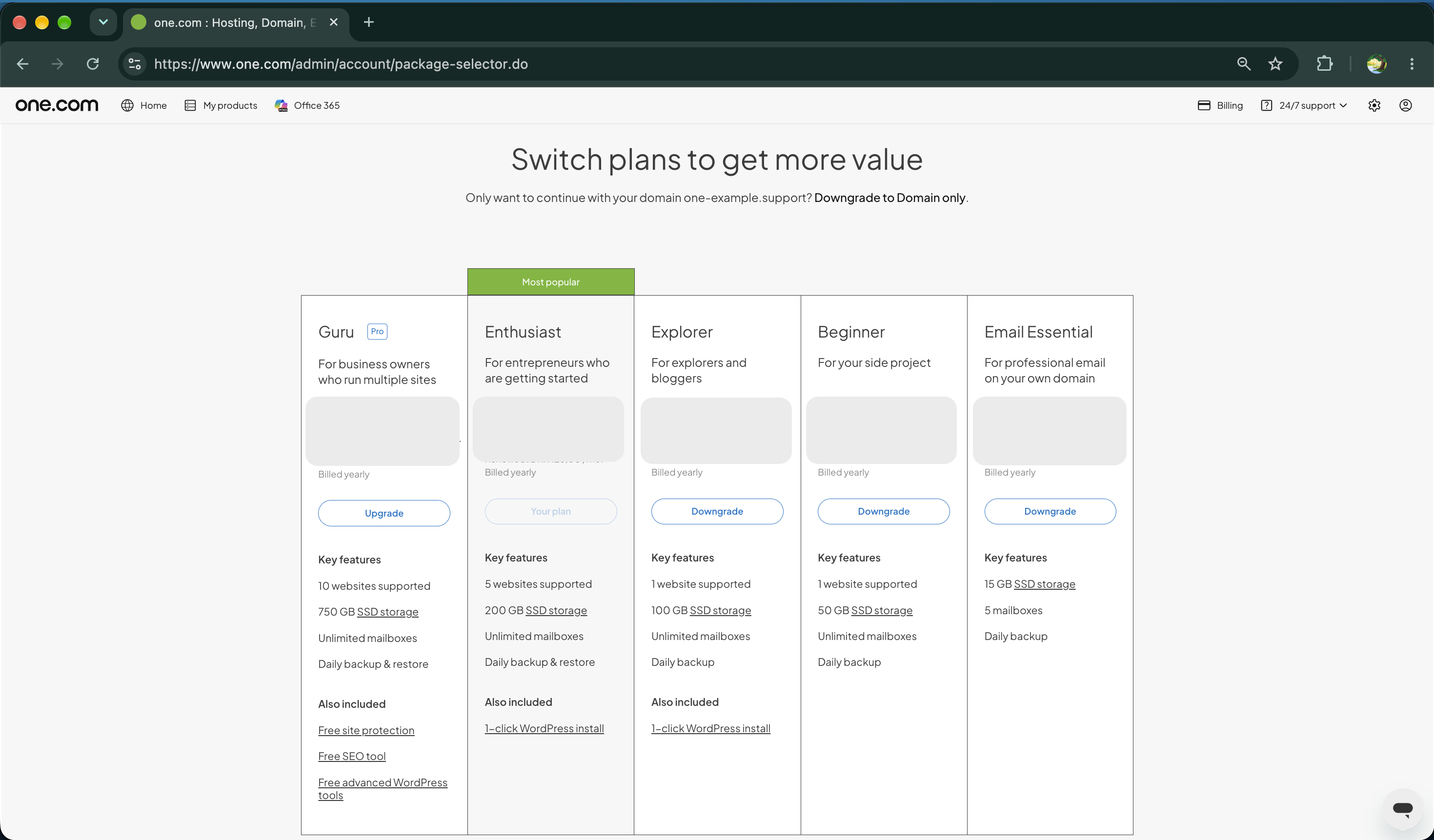Atualizar ou fazer downgrade de planos no Painel de Controlo